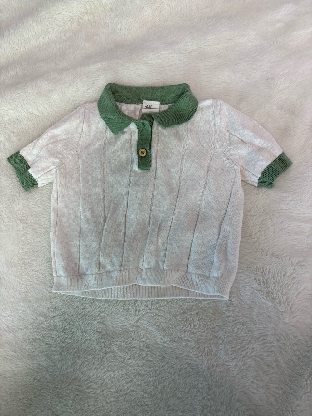 H&M White Polo Sweater Top with Green Collar & Cuffs 6 months
